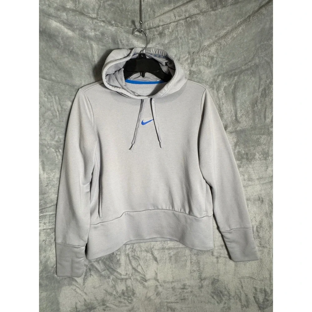 Nike Womens Grey Hoodie Blue Swoosh‎ Pullover Sweatshirt Size M